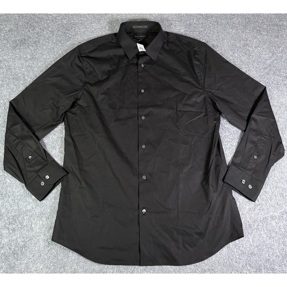 Banana Republic Men's Large Slim-Fit Wrinkle-Resistant Dress Shirt Black Stretch - Picture 2 of 9